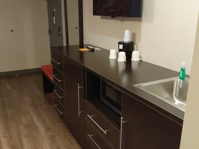 Wet bar with microwave and mini-fridge